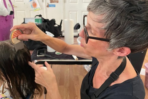 A photo of a woman using a lice comb on a young girl.