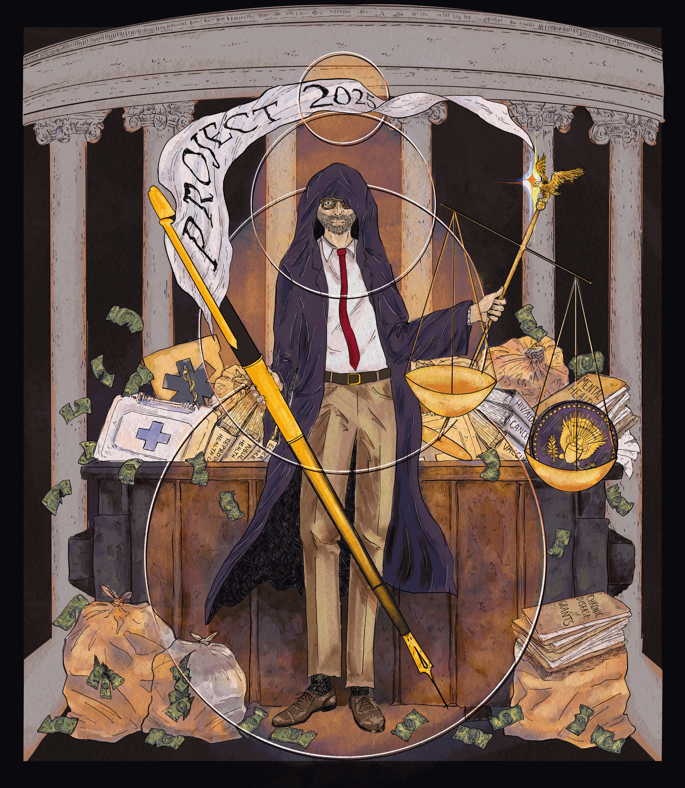 A hand-drawn illustration, made with fine ink lines and detailed marker coloring, of White House budget director Russell Vought as the Grim Reaper. He holds a pen that has a long strip of paper, which flies like a flag above him and creates the shape of a scythe, that says "Project 2025." Behind him is a dumpster full of public health folders and binders. The shadow of the White House is visible in the far background.