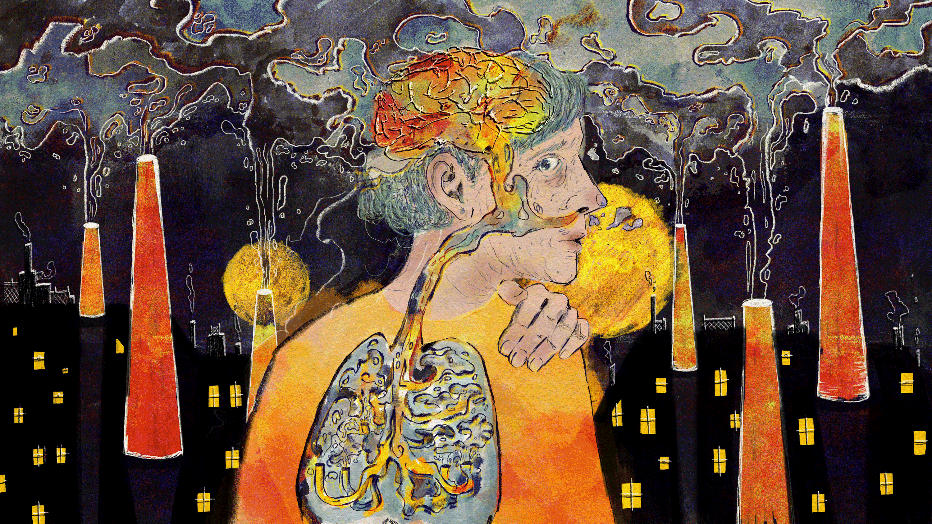 A surreal illustration showing a senior figure breathing in swirling polluted air.