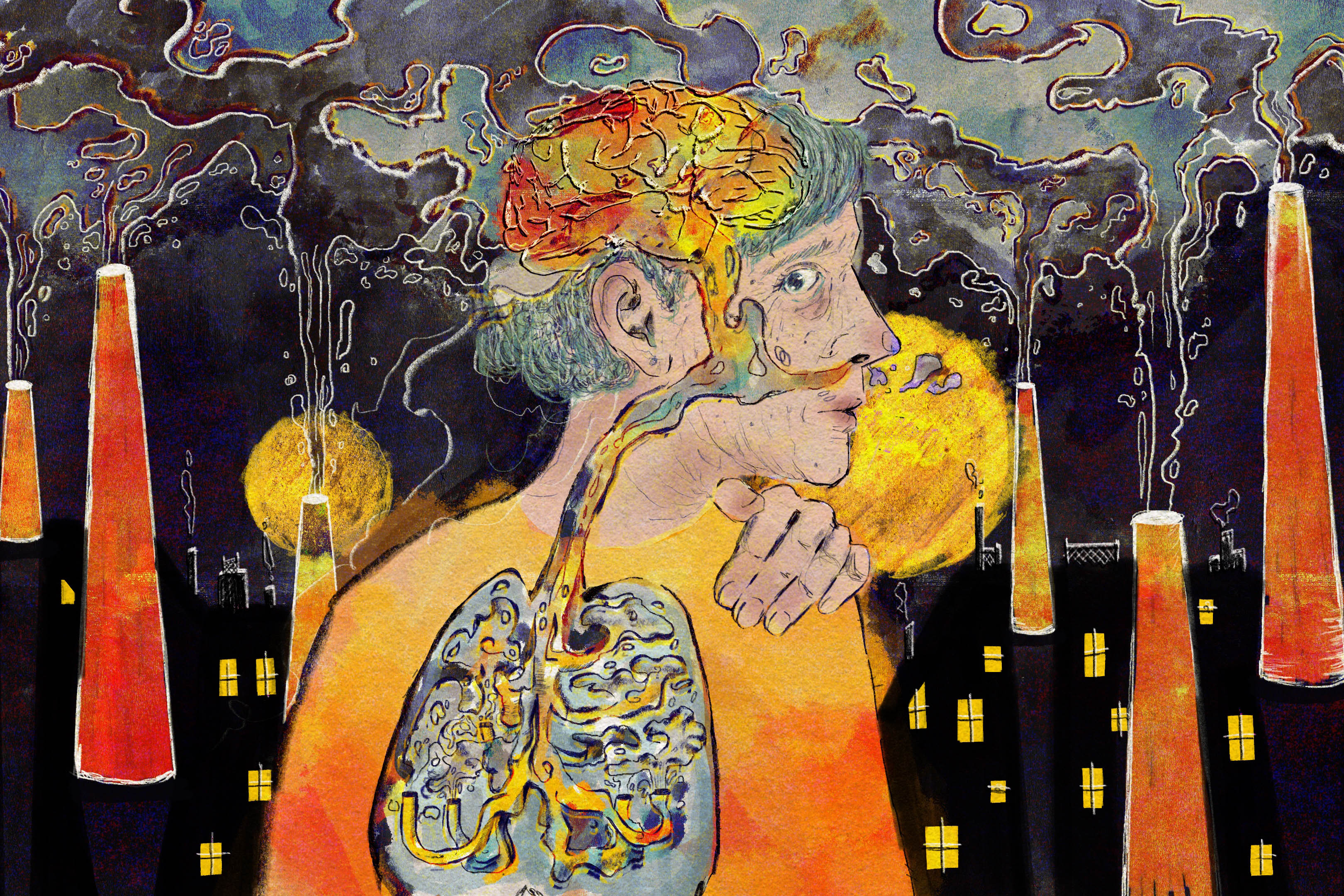 A surreal illustration showing a senior figure breathing in swirling polluted air.