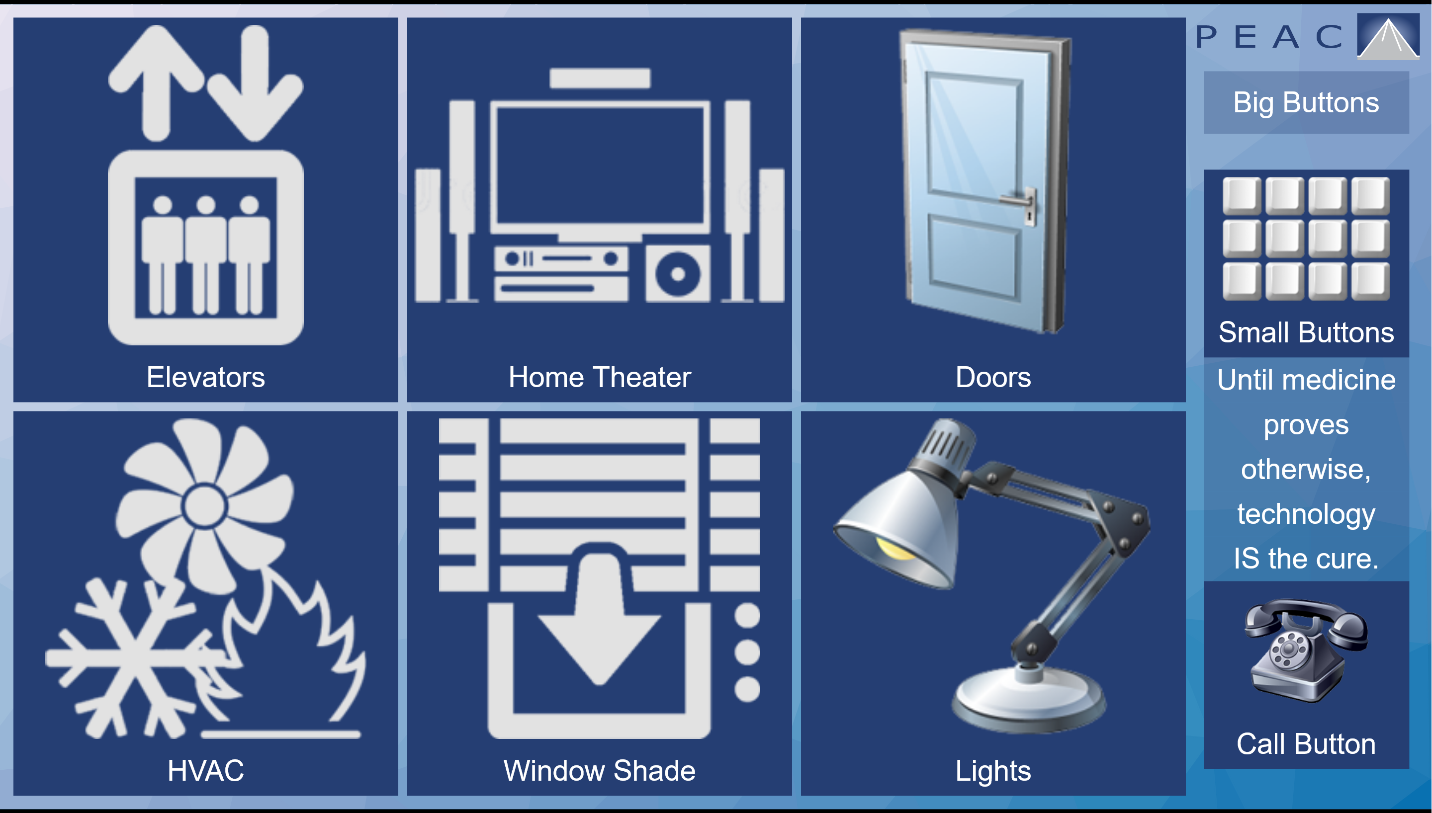 A screenshot of the PEAC system with icons for controlling "elevators," "HVAC," "window shade," and more