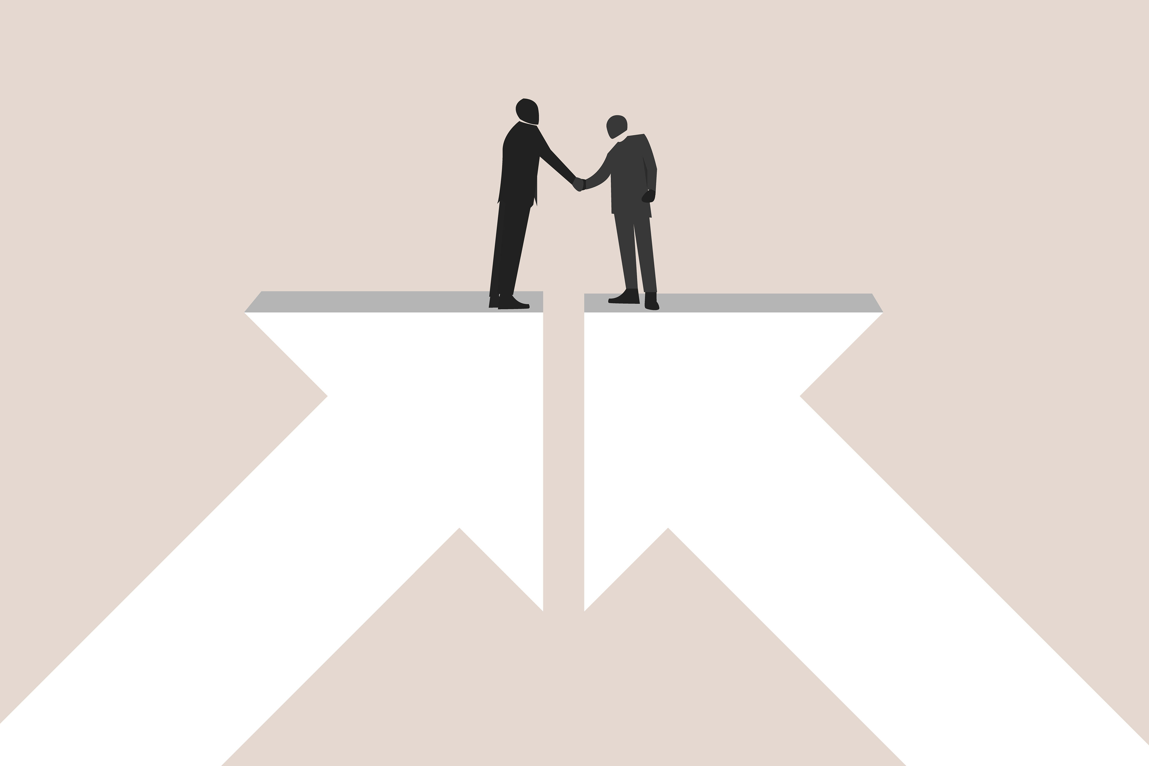 An illustration shows two businessmen shaking hands. Each stands on an arrow pointing upward, meeting in the middle.