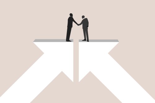 An illustration shows two businessmen shaking hands. Each stands on an arrow pointing upward, meeting in the middle.