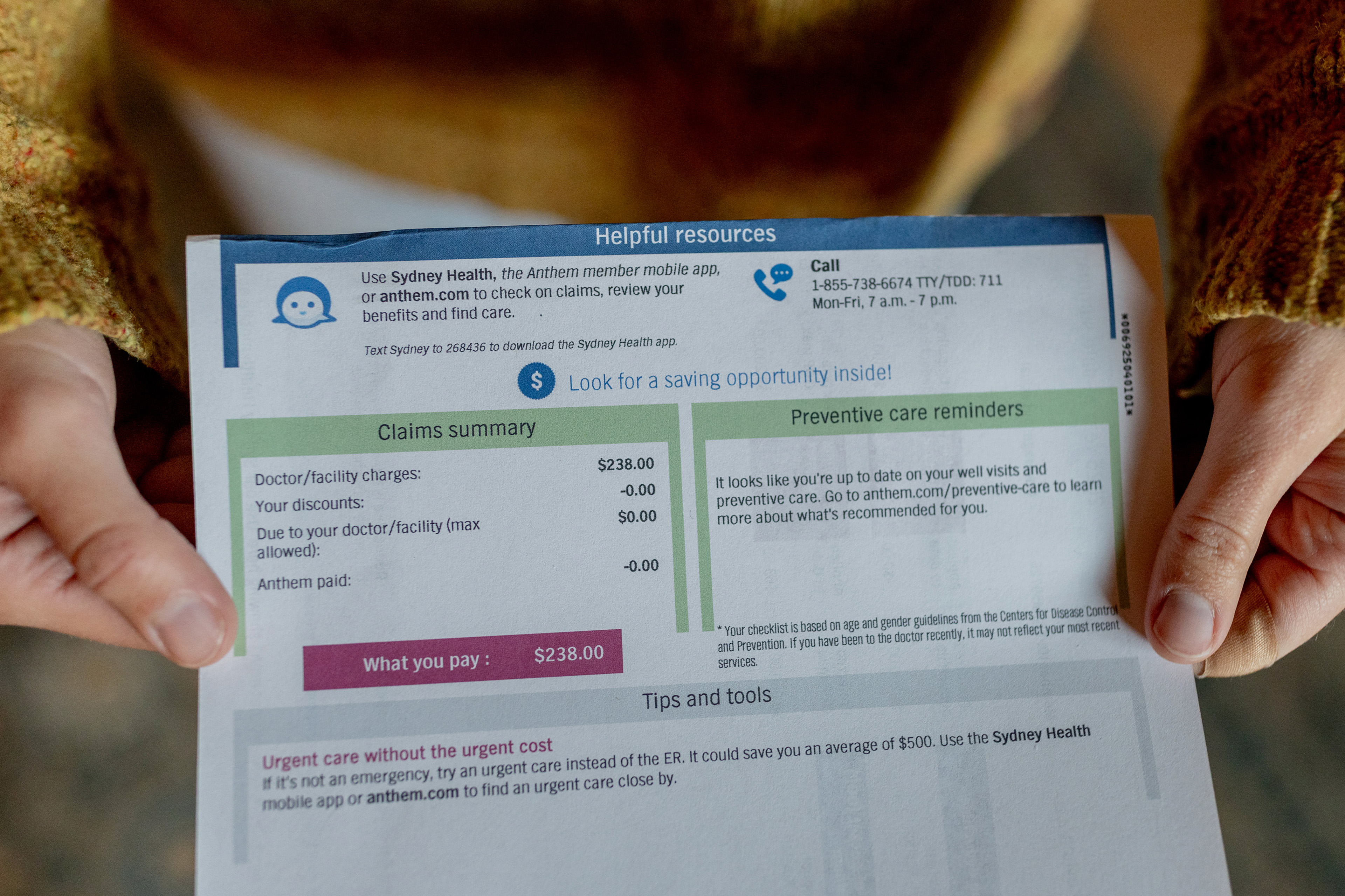 A photo of Leah Kovitch showing her $238 bill.