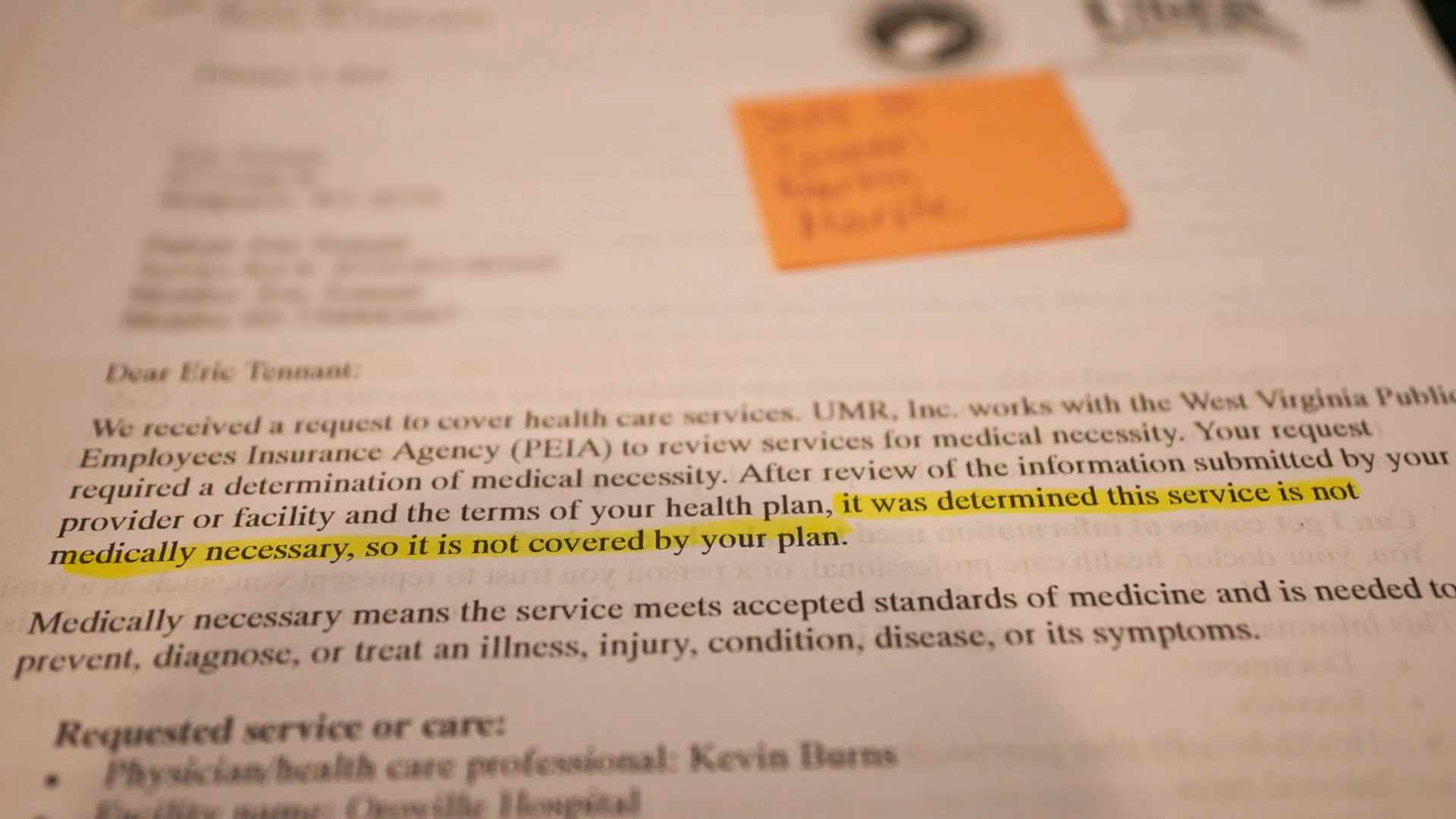 A photo of an insurance denial letter.