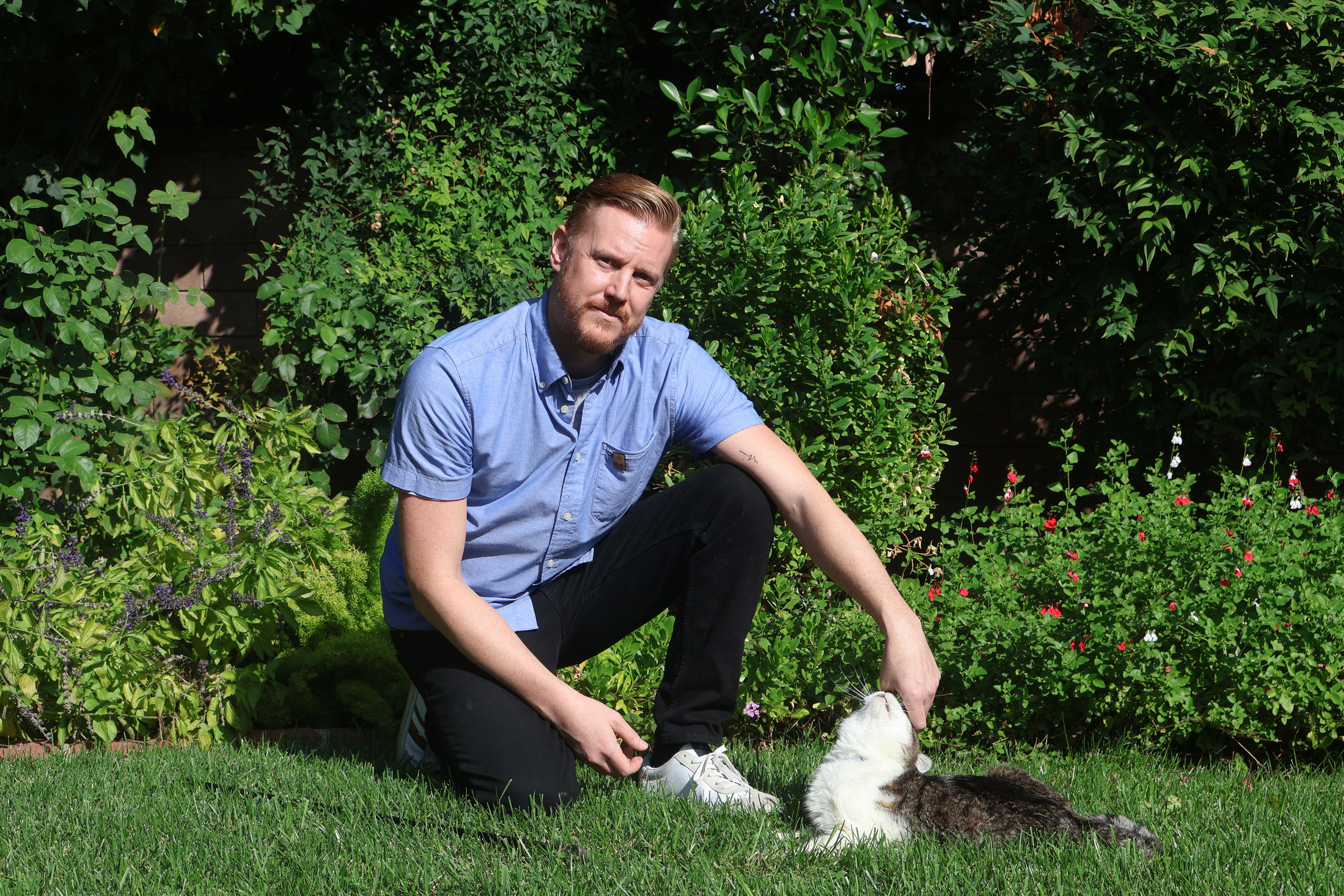 A photo of a man kneeling in a garden next to a cat.