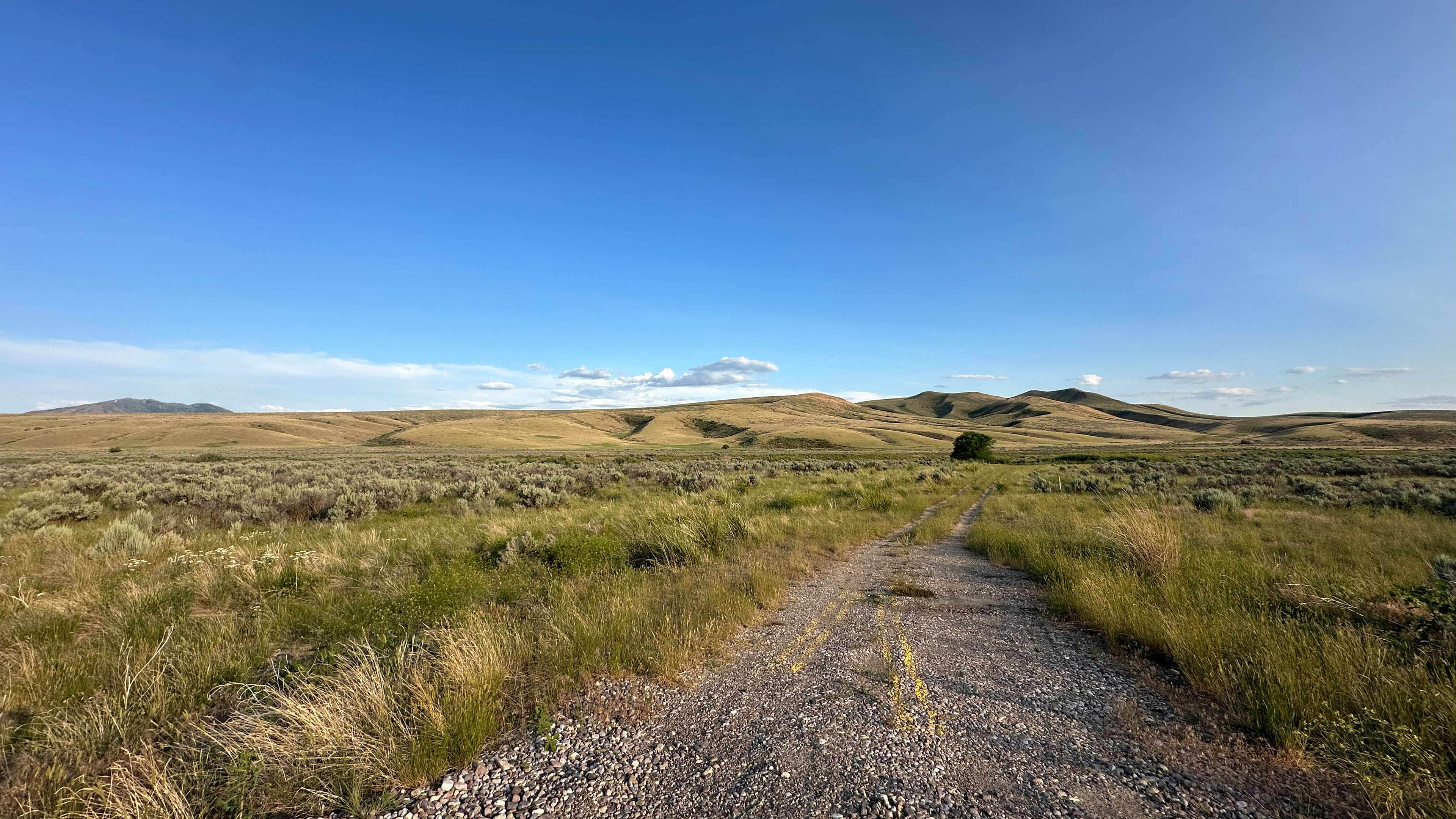 A dirt and gravel road leads through open grassy land toward some hills.