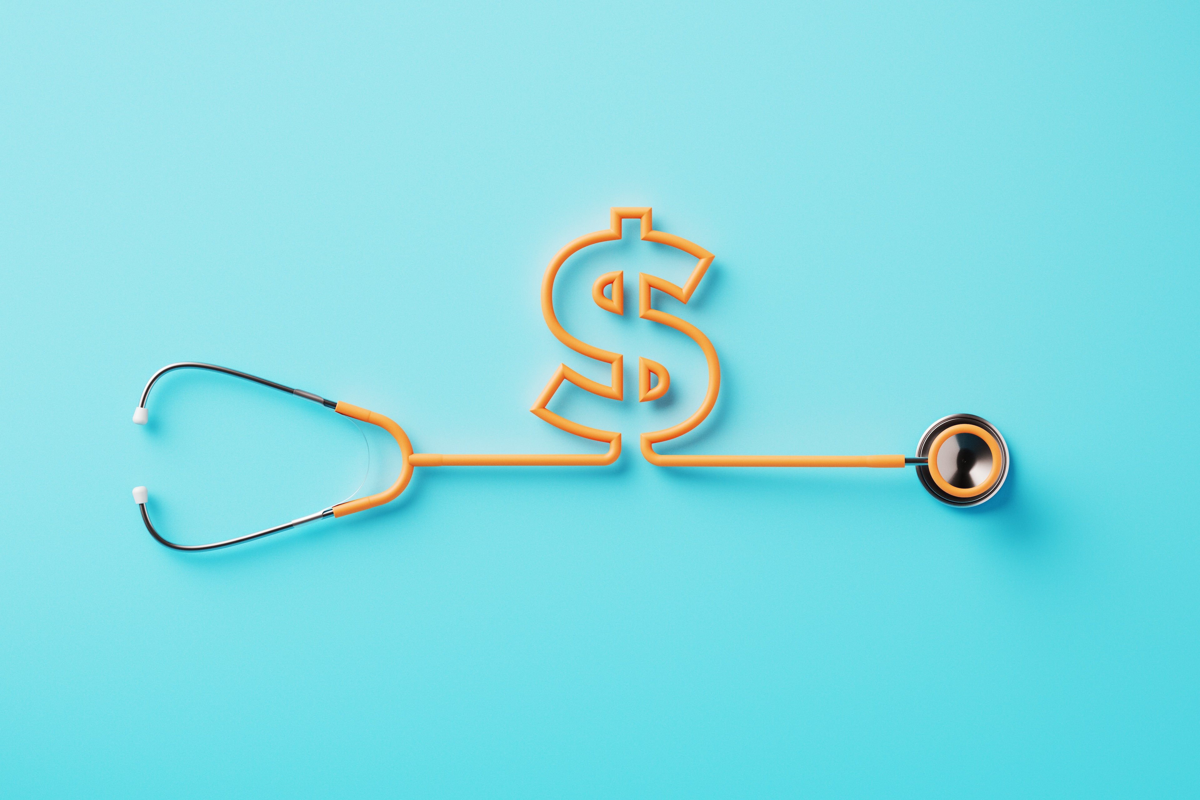 Orange stethoscope forming a dollar sign on blue background.