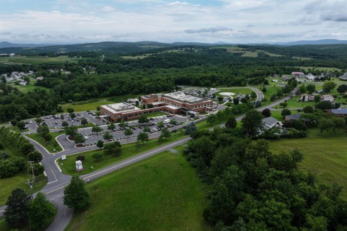 An aerial photo of a hospital in a rural part of West Virginia.