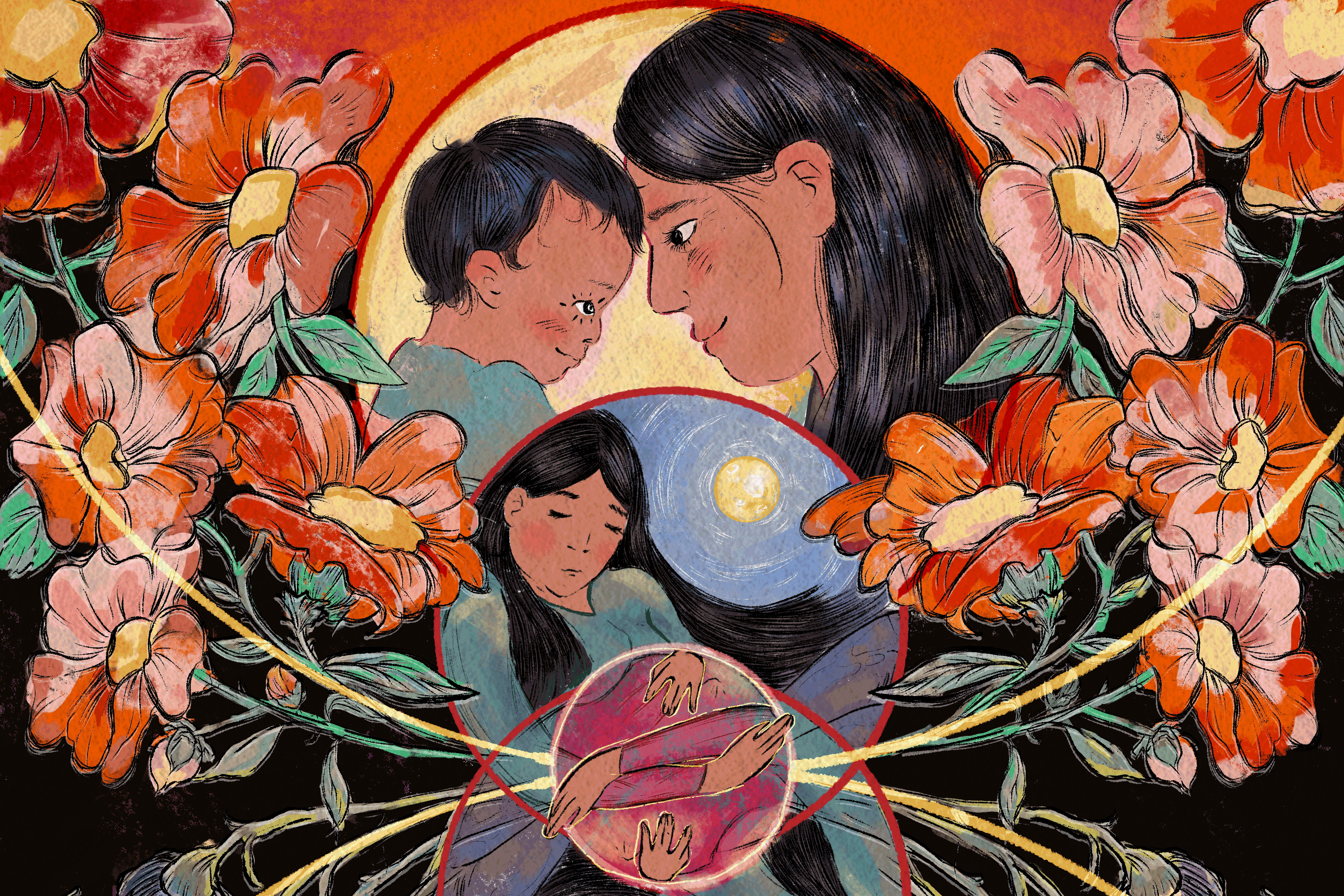 A hand-drawn illustration of an Indigenous mother and child smiling at each other amongst a frame of flowers.