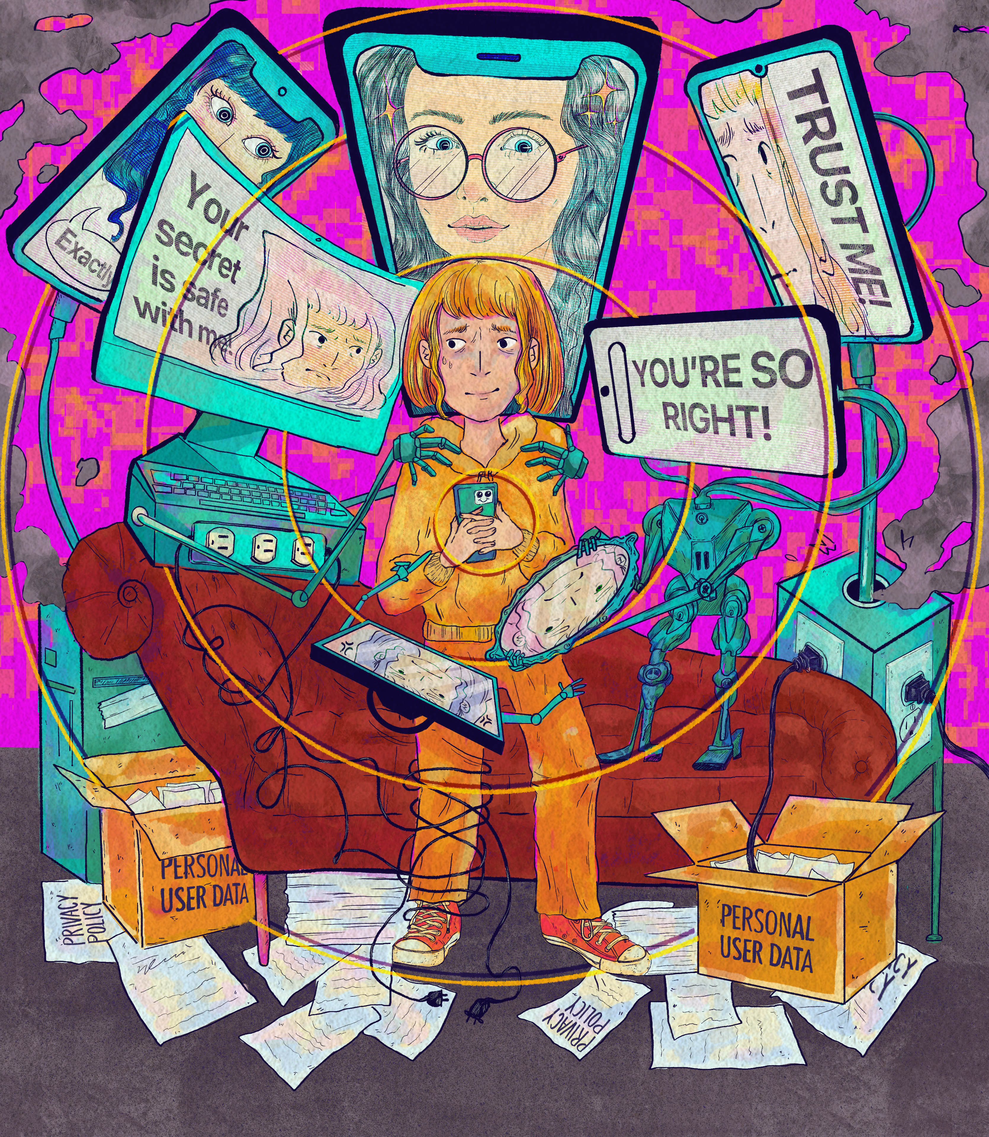 A hand drawn illustration of a young person holding their cell phone to their chest surrounded by robotic AI therapists, which are trying to get her to take a seat on a recliner couch. Text on their screens says, "TRUST ME!" "YOU'RE SO RIGHT!" "You can trust me!" and "Exactly." Under the couch and around the person's feet are loose papers that say "privacy policy" and open boxes that say, "personal user data."