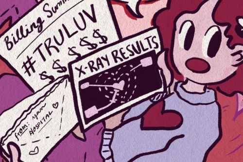 A hand drawn cartoon of a person sitting amongst heart-shaped pillows. They've opened a letter from a hospital, which includes an upcoded bill for "#truluv" and an X-ray showing a heart that isn't full.