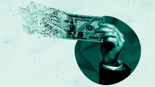 A photo illustration of a hand holding up a $100 bill that is disappearing into thin air.