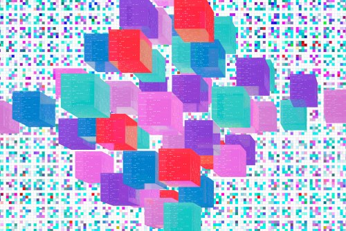 An illustration of various multi-color squares with dots and lines.