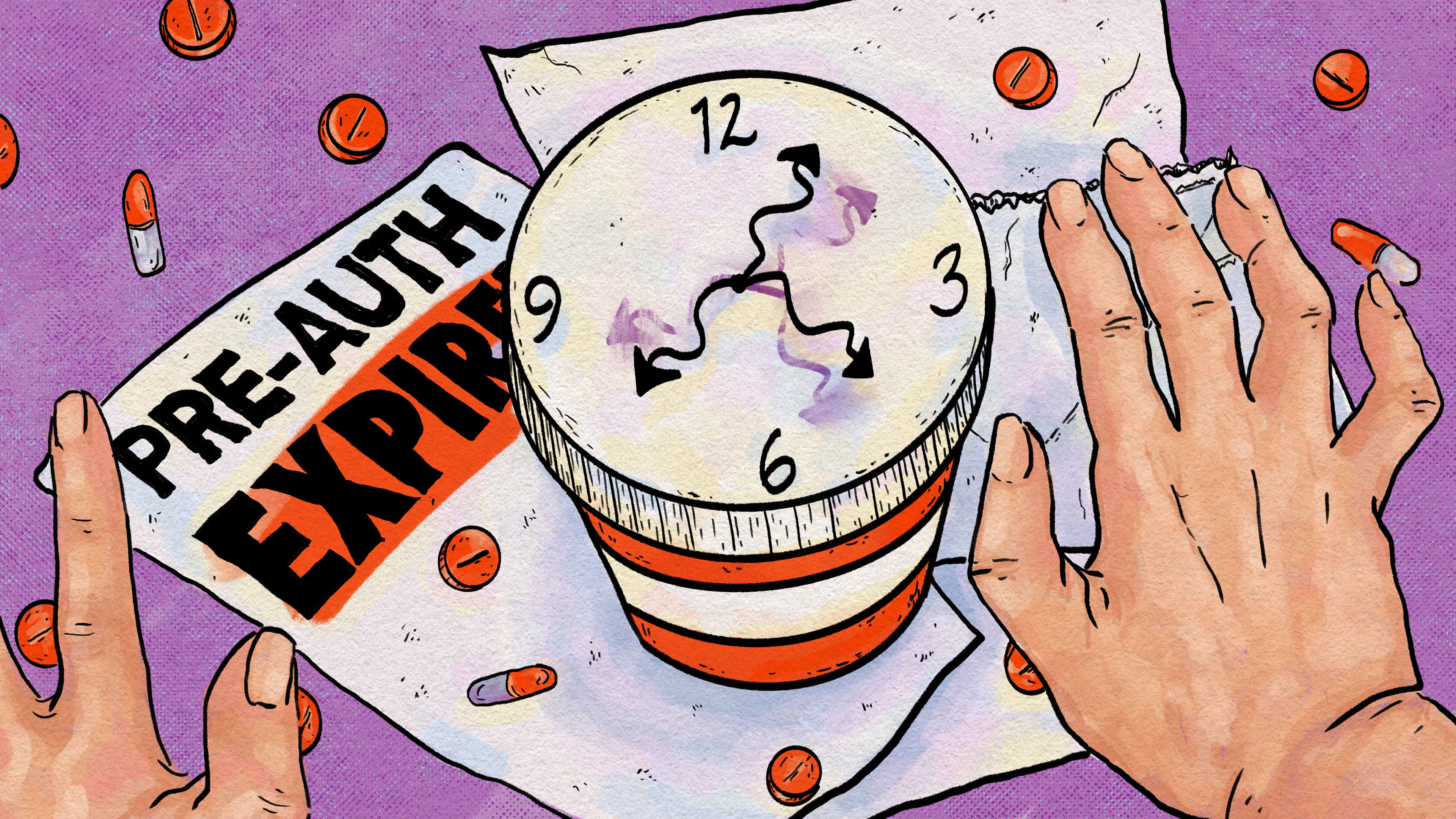 A hand-drawn illustration of a top-down perspective of a cartoon-ish pill bottle. The cap of the bottle shows a clock with dizzying hands. The bottle is on top of loose papers, one of which says, "pre-auth expired."
