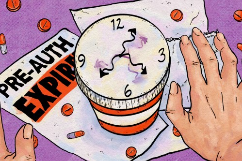 A hand-drawn illustration of a top-down perspective of a cartoon-ish pill bottle. The cap of the bottle shows a clock with dizzying hands. The bottle is on top of loose papers, one of which says, "pre-auth expired."