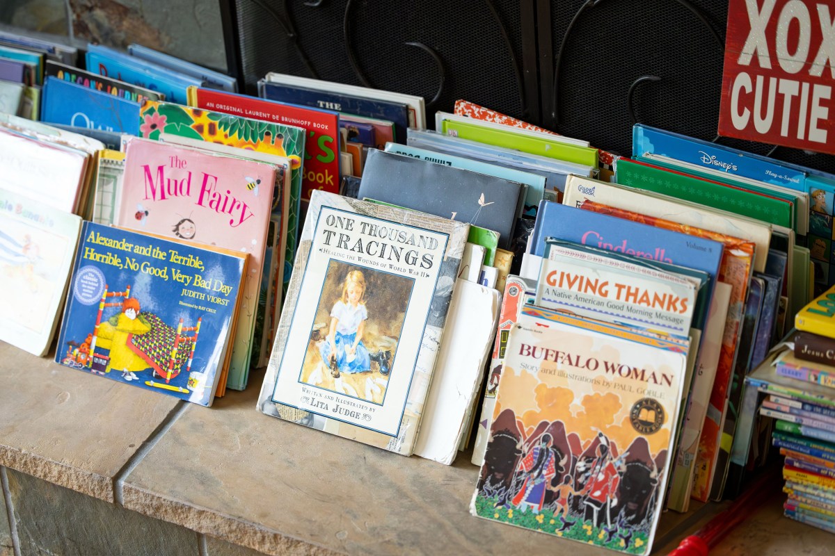 Books are displayed on the hearth of a fireplace.