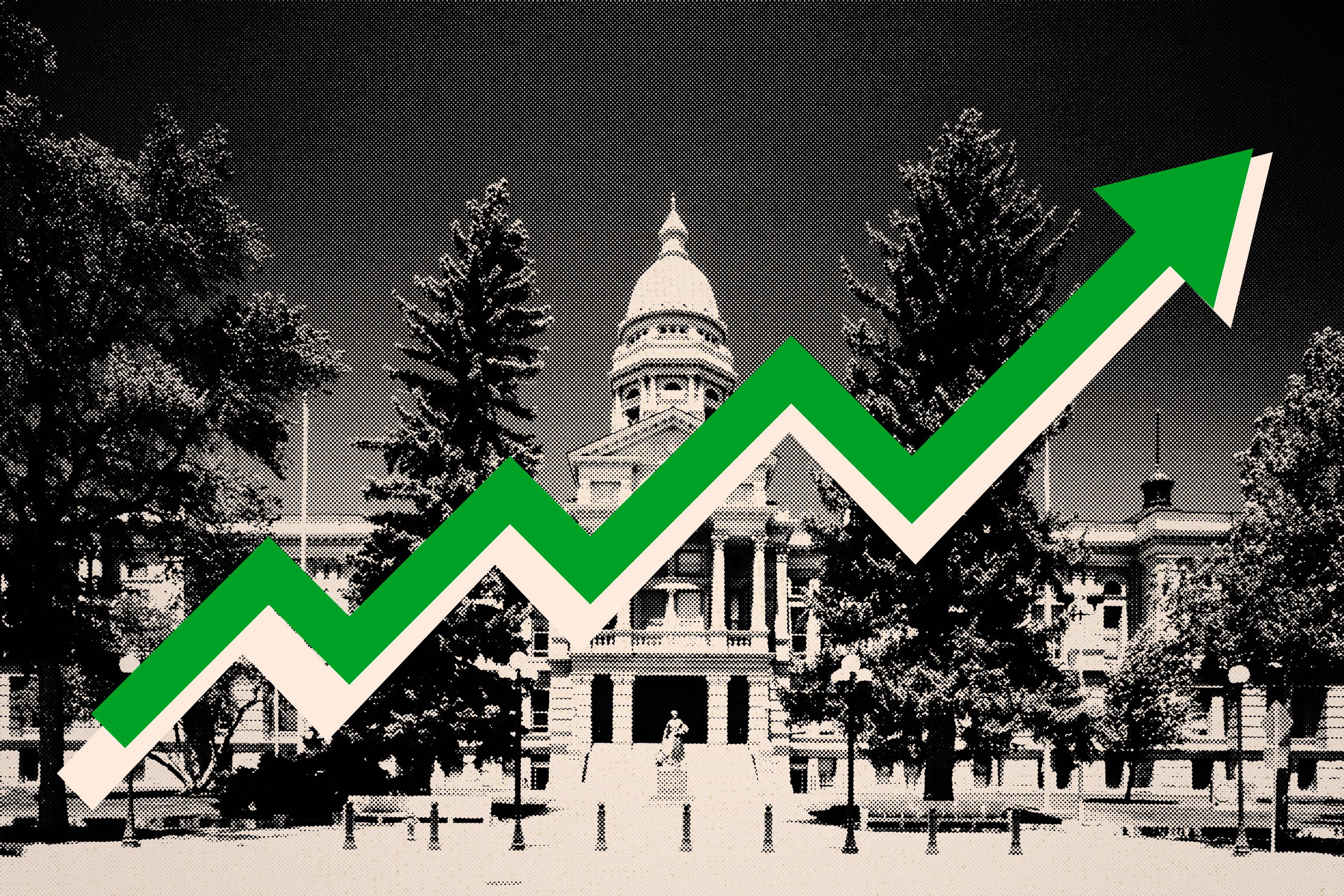 A photo illustration of the Wyoming State Capitol in black and white, with a green arrow pointing up across it.