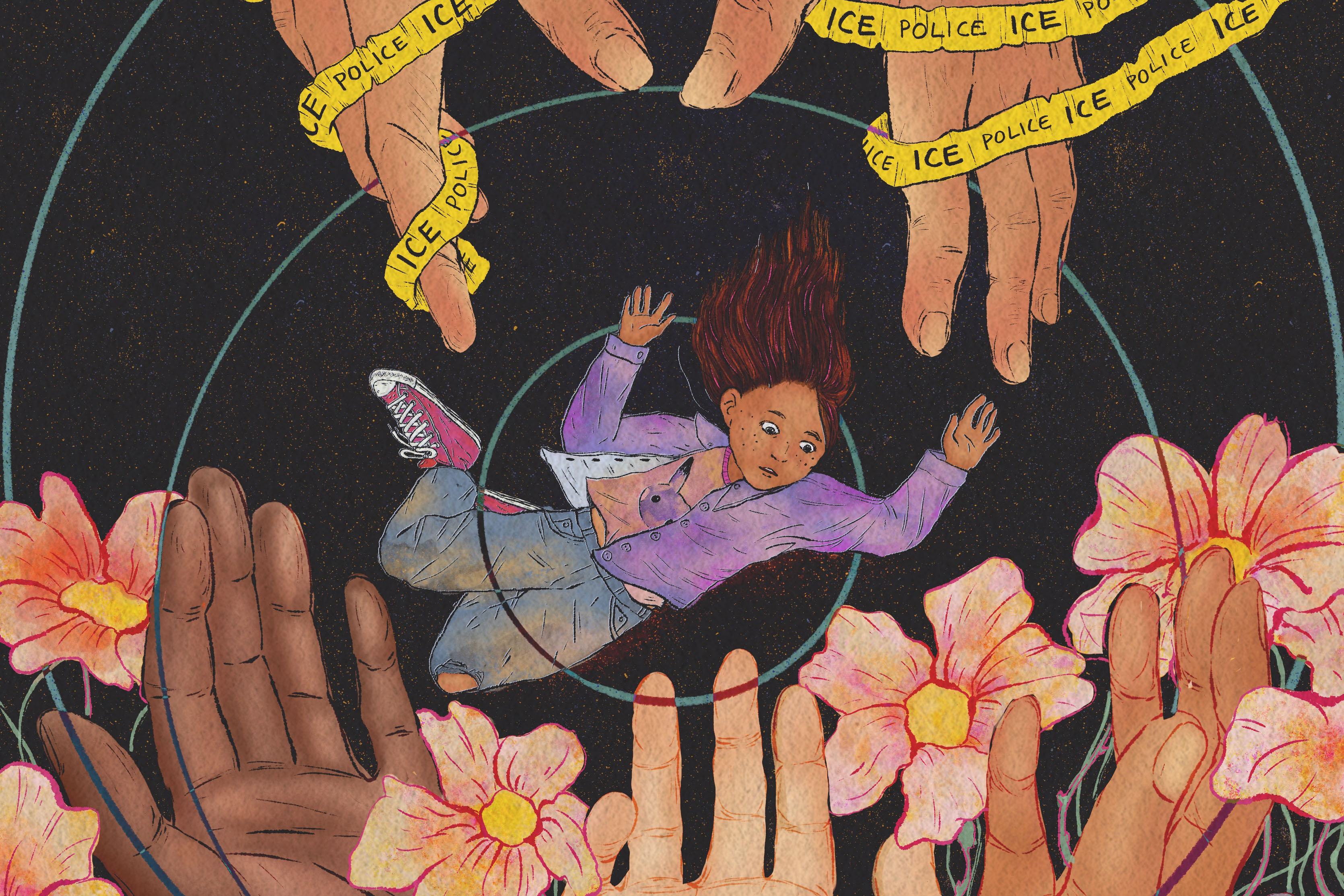 A hand-drawn illustration that shows two hands, wrapped with caution tape that says "ICE," reluctantly letting go of a young child. The child is falling in the center of the image, but a garden of hands are ready to soften their fall below.