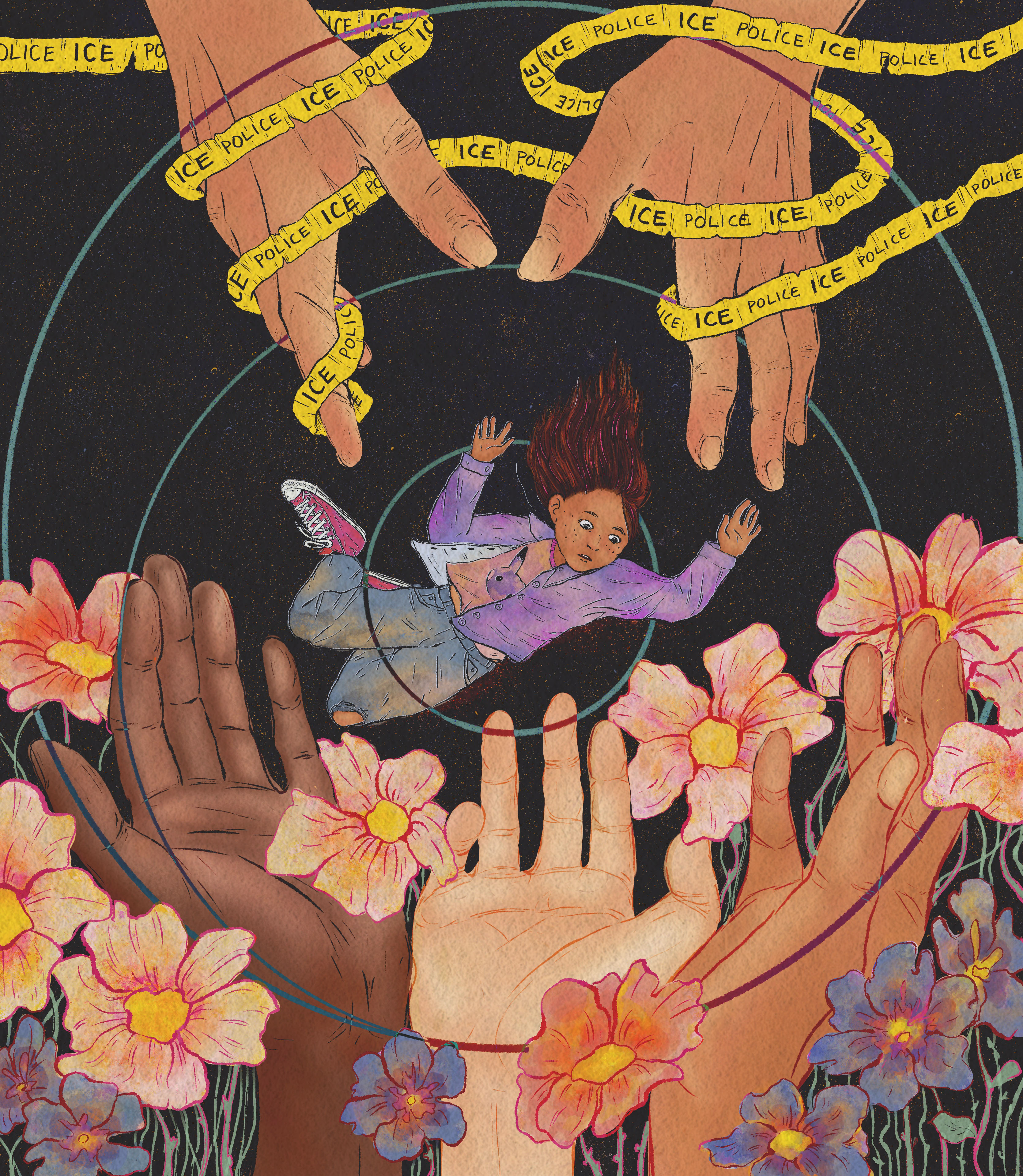 A hand-drawn illustration that shows two hands, wrapped with caution tape that says "ICE," reluctantly letting go of a young child. The child is falling in the center of the image, but a garden of hands are ready to soften their fall below.