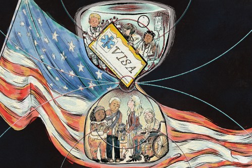 A hand-drawn illustration of an hourglass that has doctors who are awaiting their work visa in the top half. A visa card is blocking the narrow opening between the top and bottom sections. In the lower section, people in need of medical care look up at the commotion above. The background shows an American flag against textured darkness.