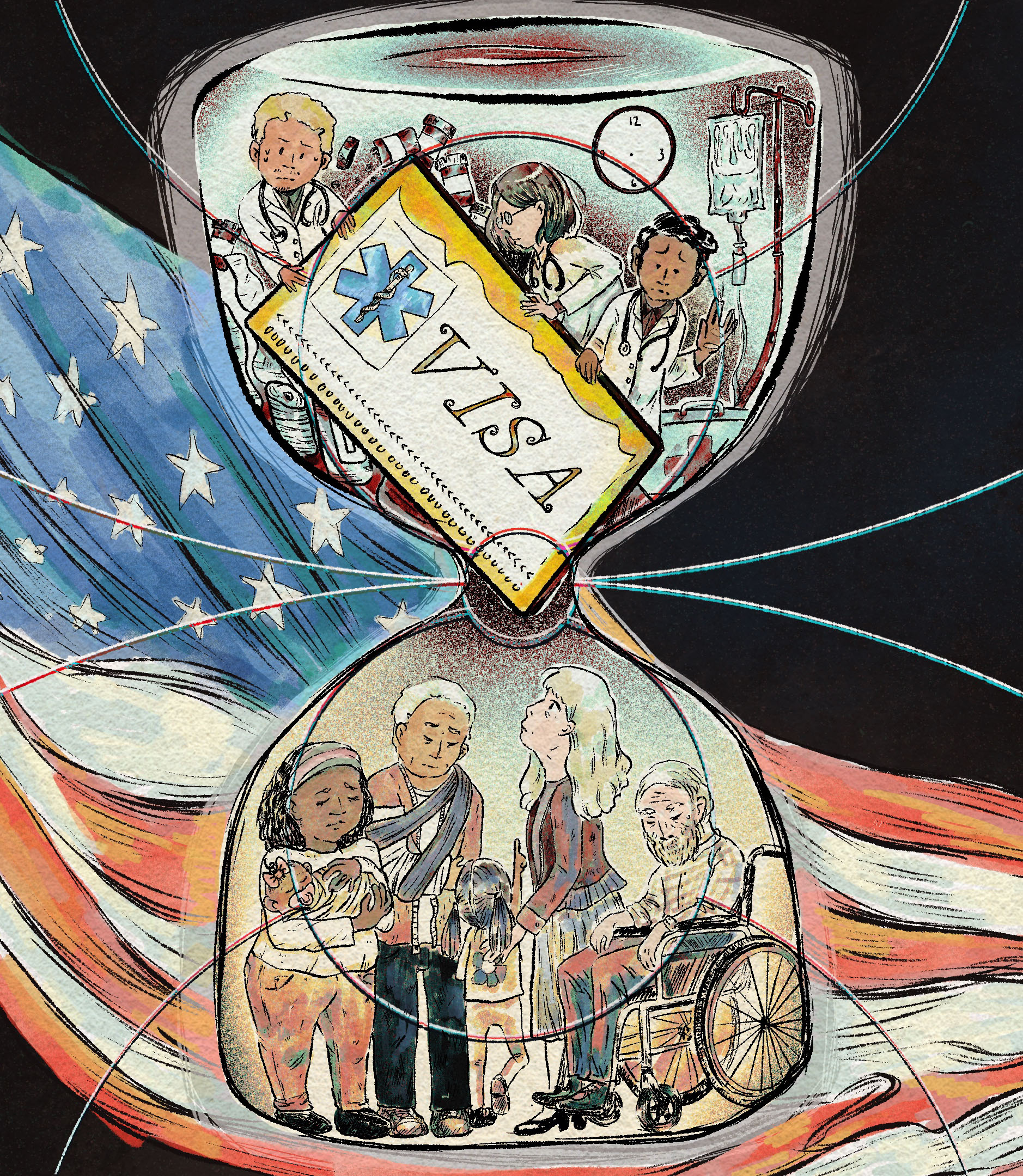 A hand-drawn illustration of an hourglass that has doctors who are awaiting their work visa in the top half. A visa card is blocking the narrow opening between the top and bottom sections. In the lower section, people in need of medical care look up at the commotion above. The background shows an American flag against textured darkness.