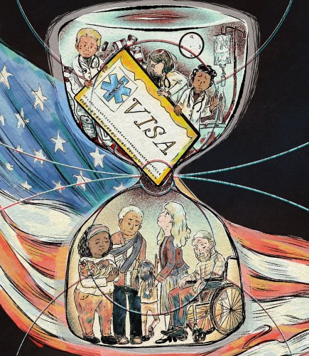 A hand-drawn illustration of an hourglass that has doctors who are awaiting their work visa in the top half. A visa card is blocking the narrow opening between the top and bottom sections. In the lower section, people in need of medical care look up at the commotion above. The background shows an American flag against textured darkness.