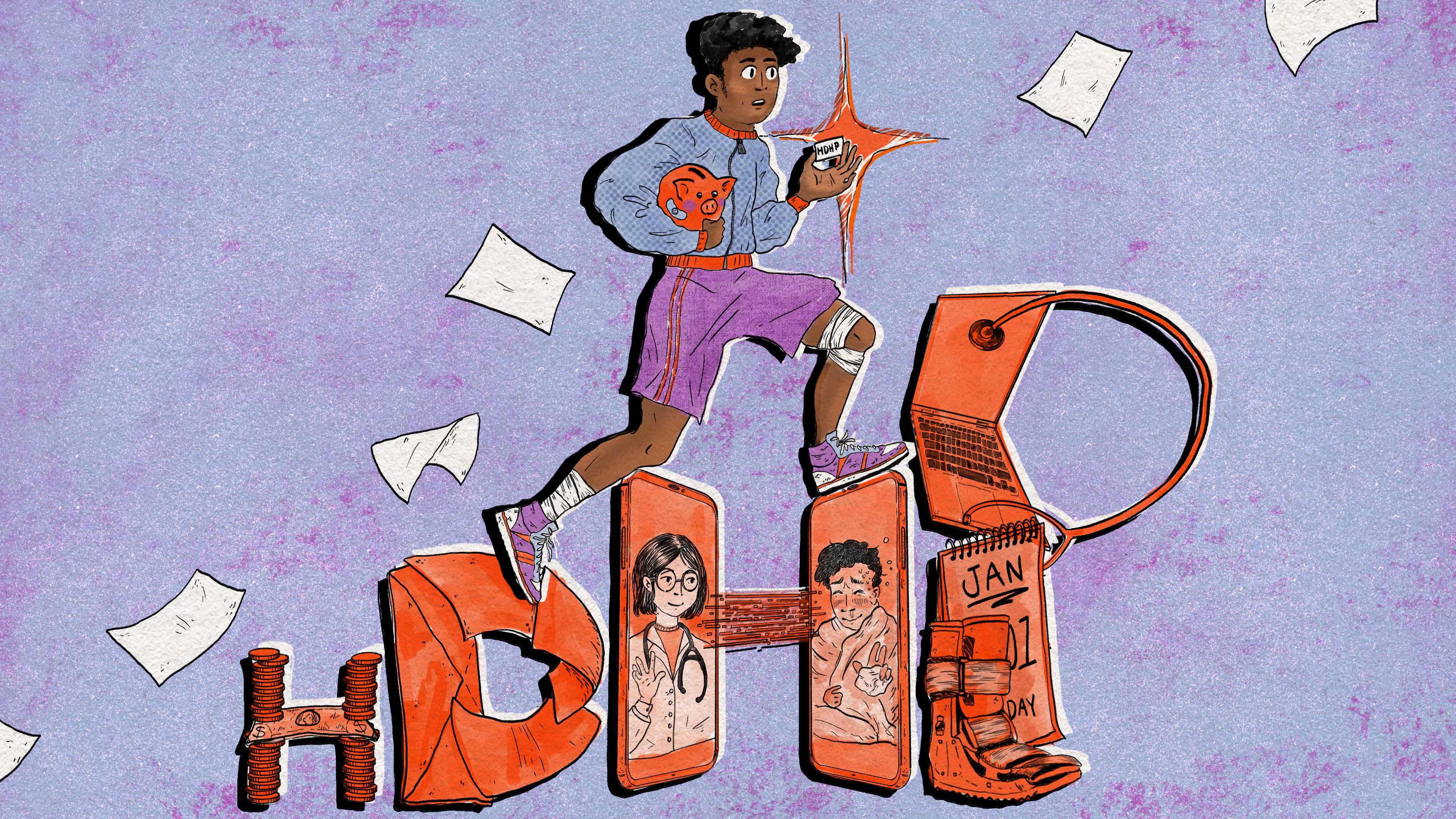 A hand-drawn illustration of a young man wearing athletic gear running up stairs that spell out "HDHP" out of medical objects, letters, cell phones, and other items relevant to High-Deductible Health Plans.