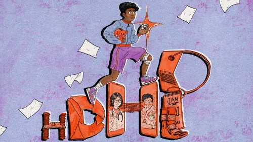 A hand-drawn illustration of a young man wearing athletic gear running up stairs that spell out "HDHP" out of medical objects, letters, cell phones, and other items relevant to High-Deductible Health Plans.