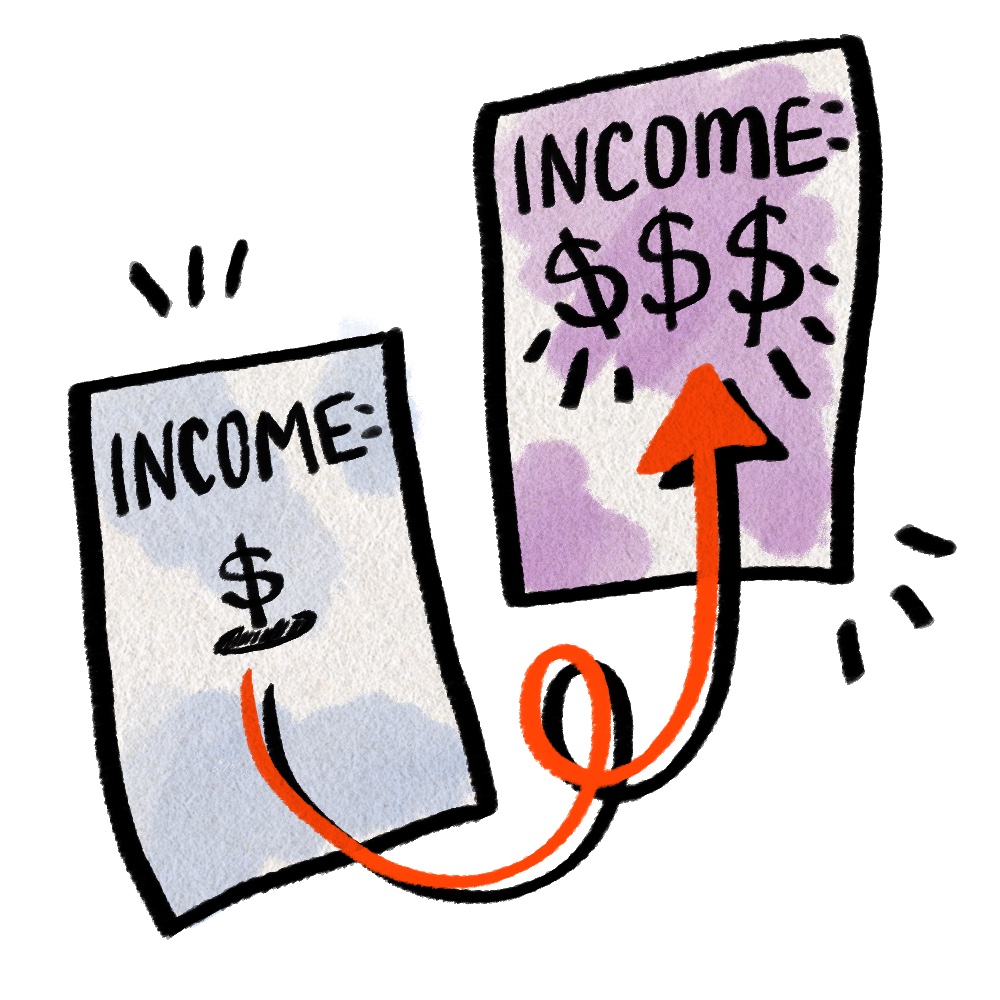 A cartoon drawing of two pieces of paper; one shows a lower income and one shows a higher income.