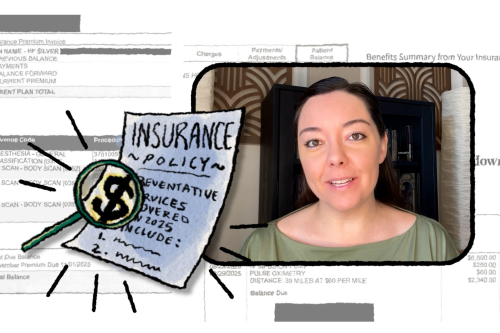 An image that shows a woman talking beside a cartoon drawing of an insurance paper..