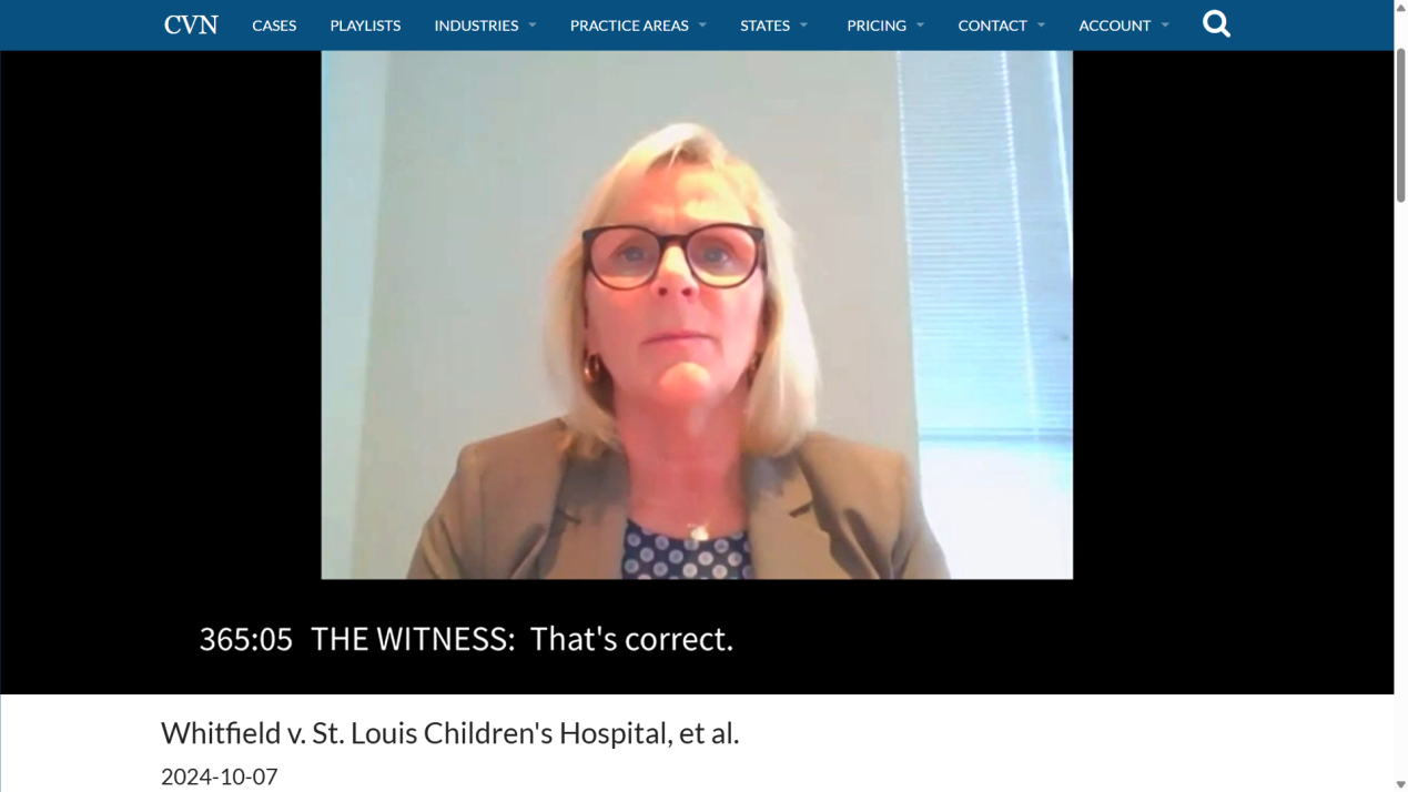 A screenshot of a CVN video of a woman with shoulder-length light hair and glasses looks into a computer camera. Underneath the video image is the text "Whitfield v. St. Louis Children's Hospital, et al." and "2024-10-07".