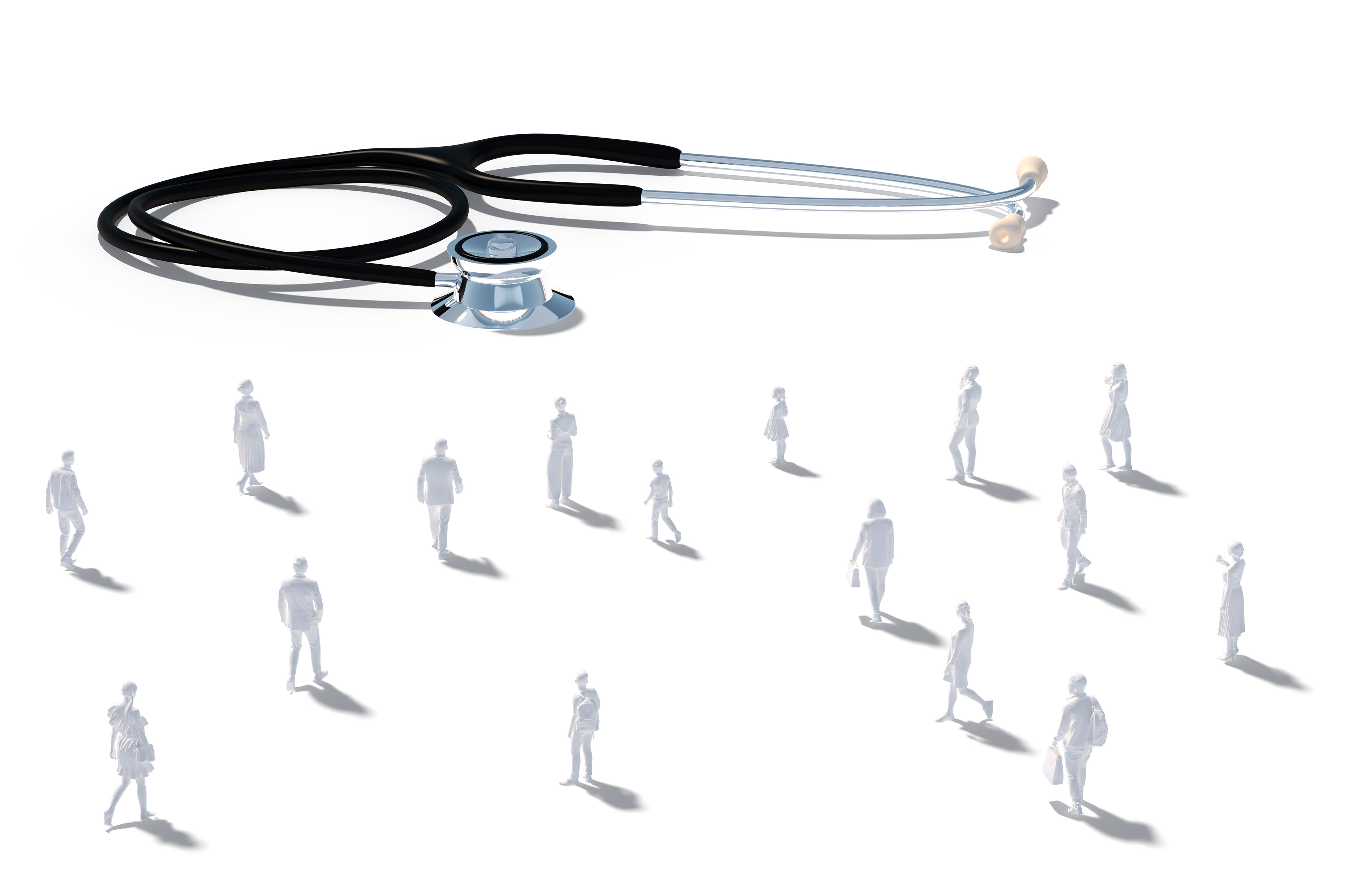 A digital illustration of 15 small figures looking at a stethoscope much larger than they are.