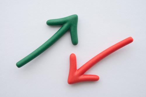 A green arrow points up beside a red arrow that points down on a white background.
