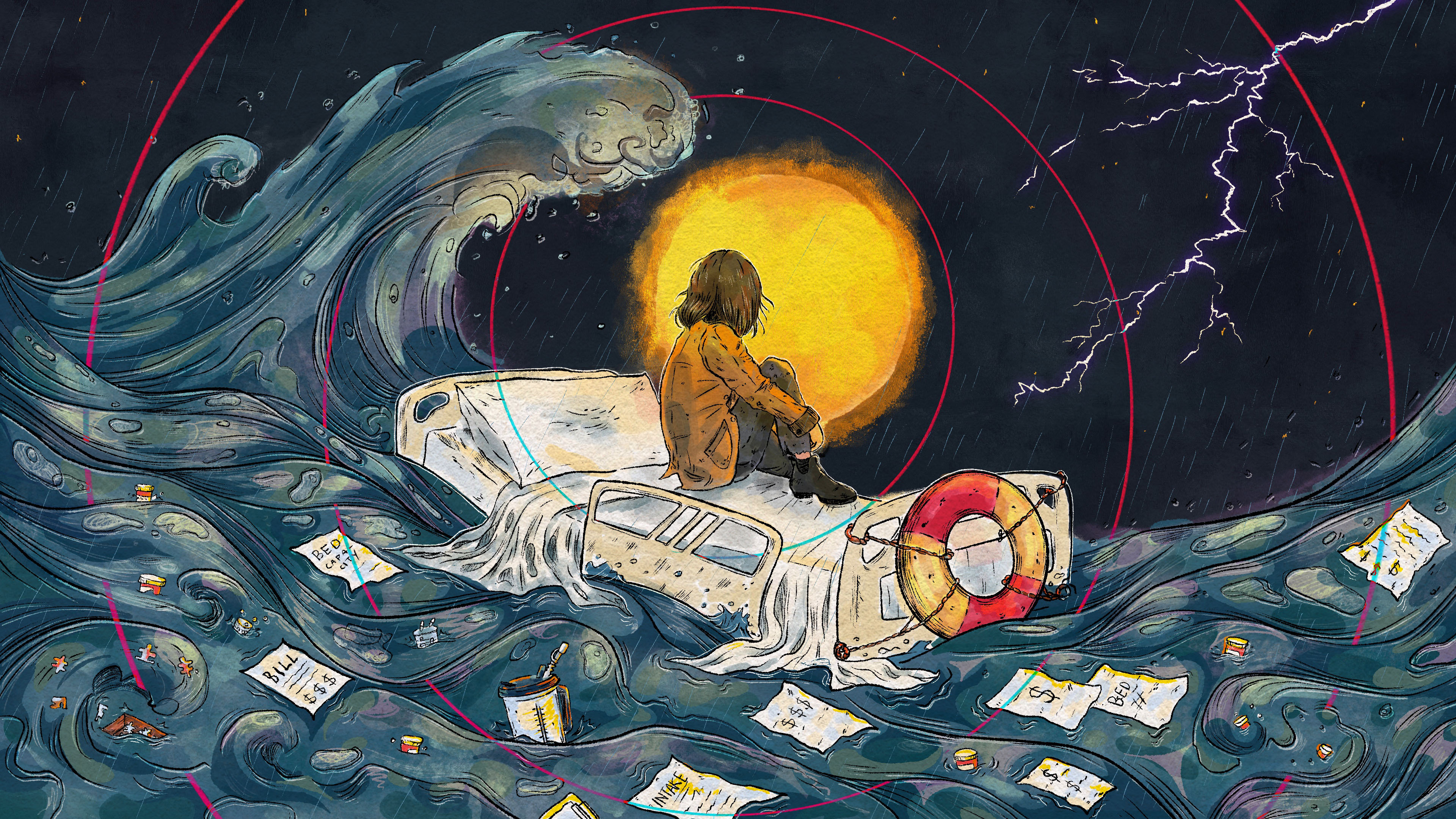 A hand-drawn illustration in ink and watercolor of a woman sitting on a hospital bed that's floating out on a turbulent sea. She faces away from the viewer, silhouetted by a golden moon as lightning cracks in the distance. A crashing wave, reminiscent of Hokusai's "The Great Wave off Kanagawa" threatens to engulf her emergency bed.