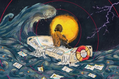A hand-drawn illustration in ink and watercolor of a woman sitting on a hospital bed that's floating out on a turbulent sea. She faces away from the viewer, silhouetted by a golden moon as lightning cracks in the distance. A crashing wave, reminiscent of Hokusai's "The Great Wave off Kanagawa" threatens to engulf her emergency bed.
