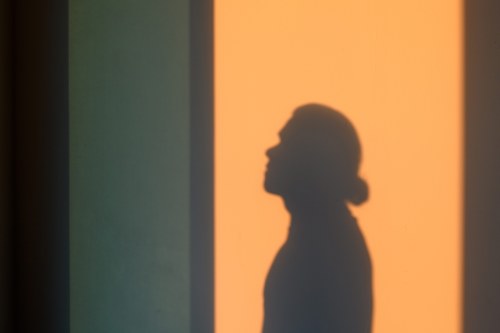 The shadow of a man with a bun is projected against a wall.