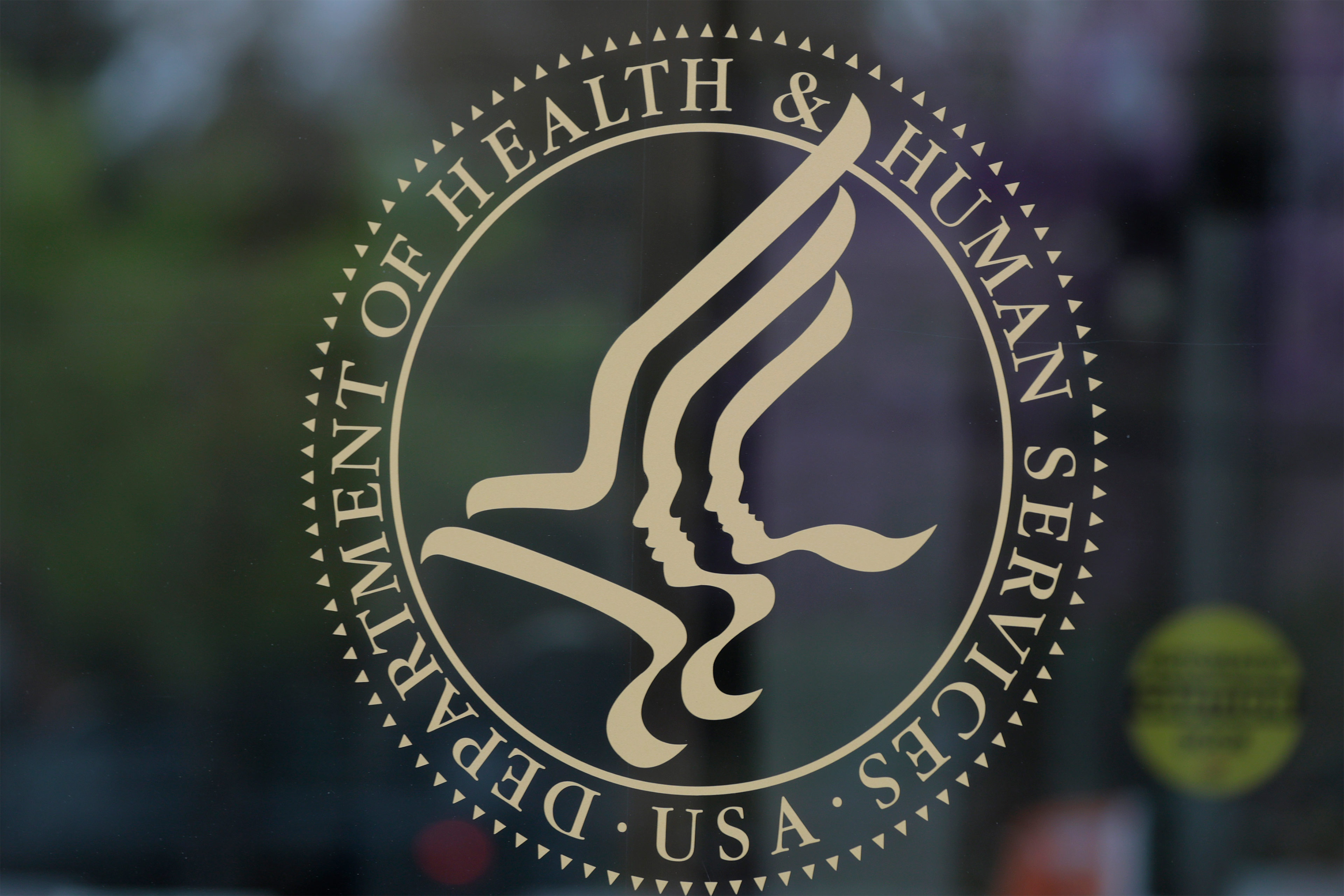 An image of the Department of Health and Human Services seal on a pane of glass.