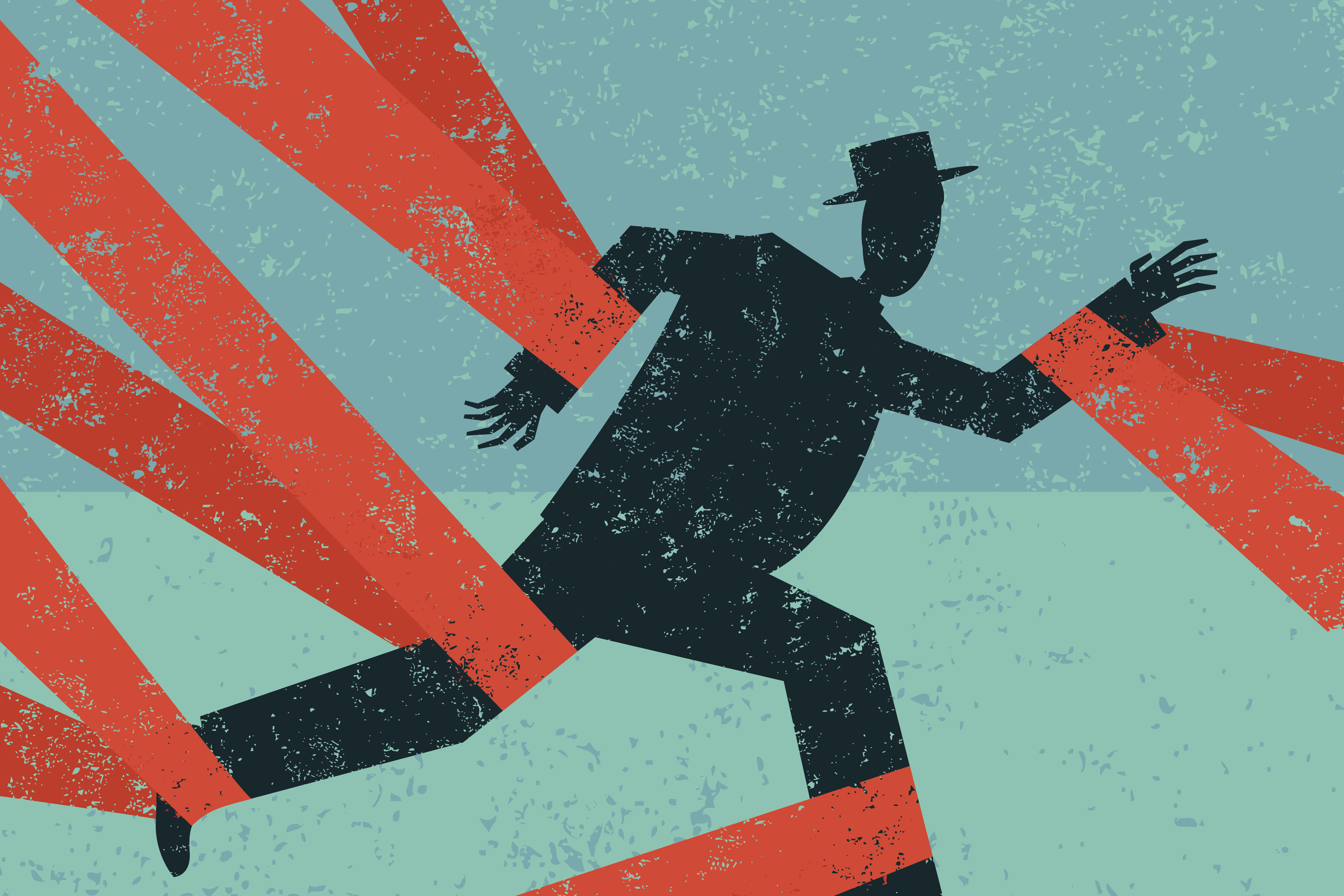 An illustration of a man with arms and legs bound by red tape.