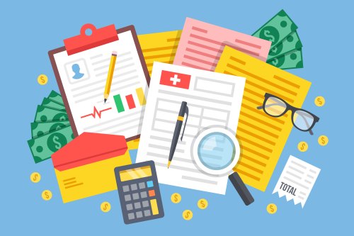 A vector illustration of pieces of paper, an envelope, a receipt, a pen and pencil, a magnifying glass, eye glasses, dollar bills, and coins.
