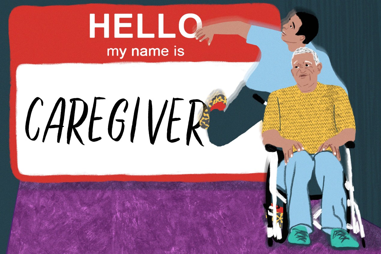 An illustration of a person pushing a senior man in a wheelchair, apparently running from a giant "hello my name is caregiver" name-tag.