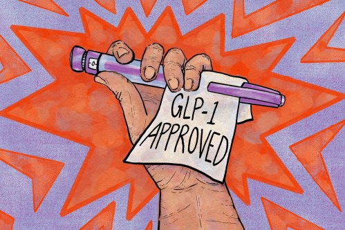 A hand-drawn illustration of a hand holding a GLP-1 injector that has a note attached to it, which reads, "GLP-1 APPROVED!"