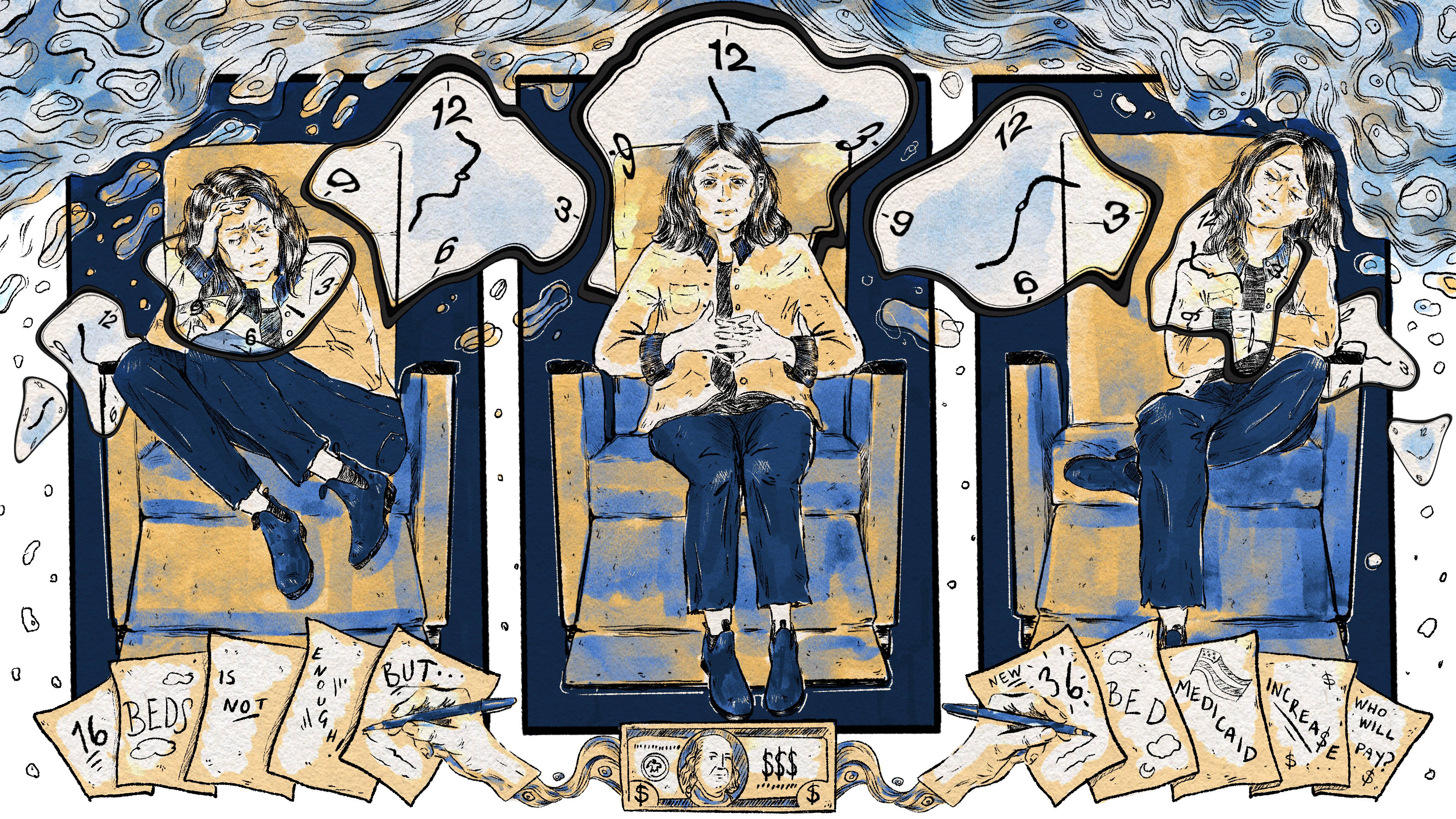 A hand-drawn pen and ink illustration. Three panels are set up in a triptych style. In each, the main character is trying to figure out a comfortable way to sleep in the medical recliner. Dali-esque melting clocks float around her. Paper legislation frames the bottom of the page.