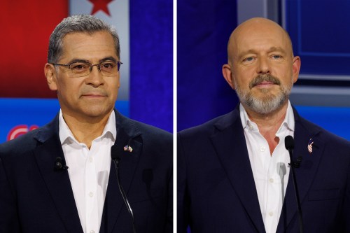 Two images shown side by side: Xavier Becerra on the left, Steve Hilton on the right. The photos are from a gubernatorial debate.