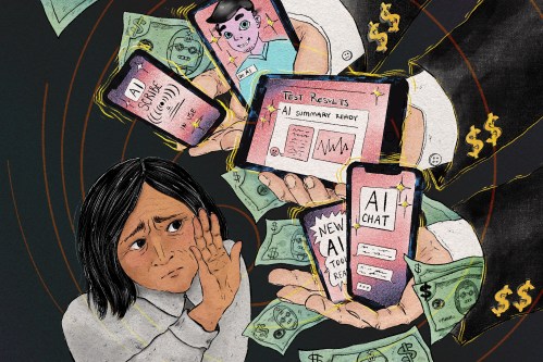 A hand-drawn illustration showing a person holding her hand up to a cluster of hands offering up AI-filled devices.