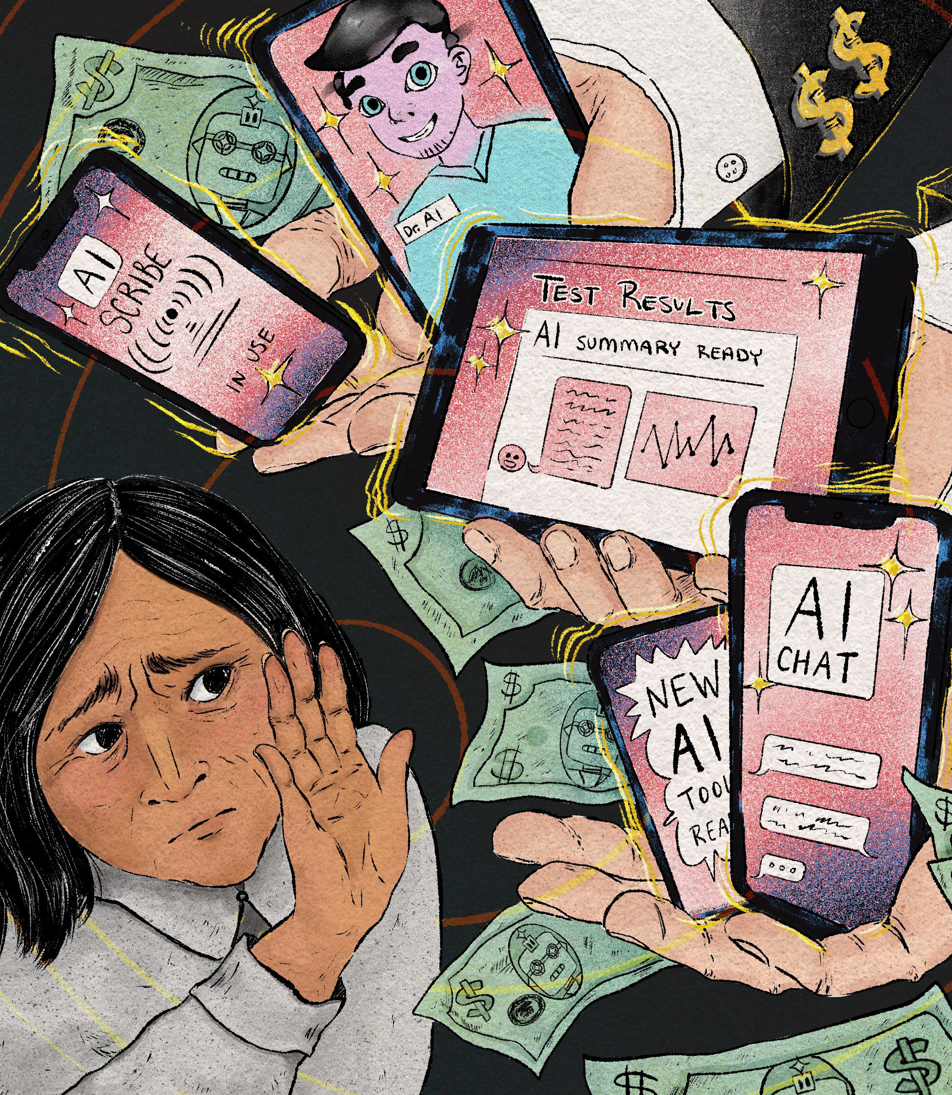 A hand-drawn illustration showing a person holding her hand up to a cluster of hands offering up AI-filled devices.