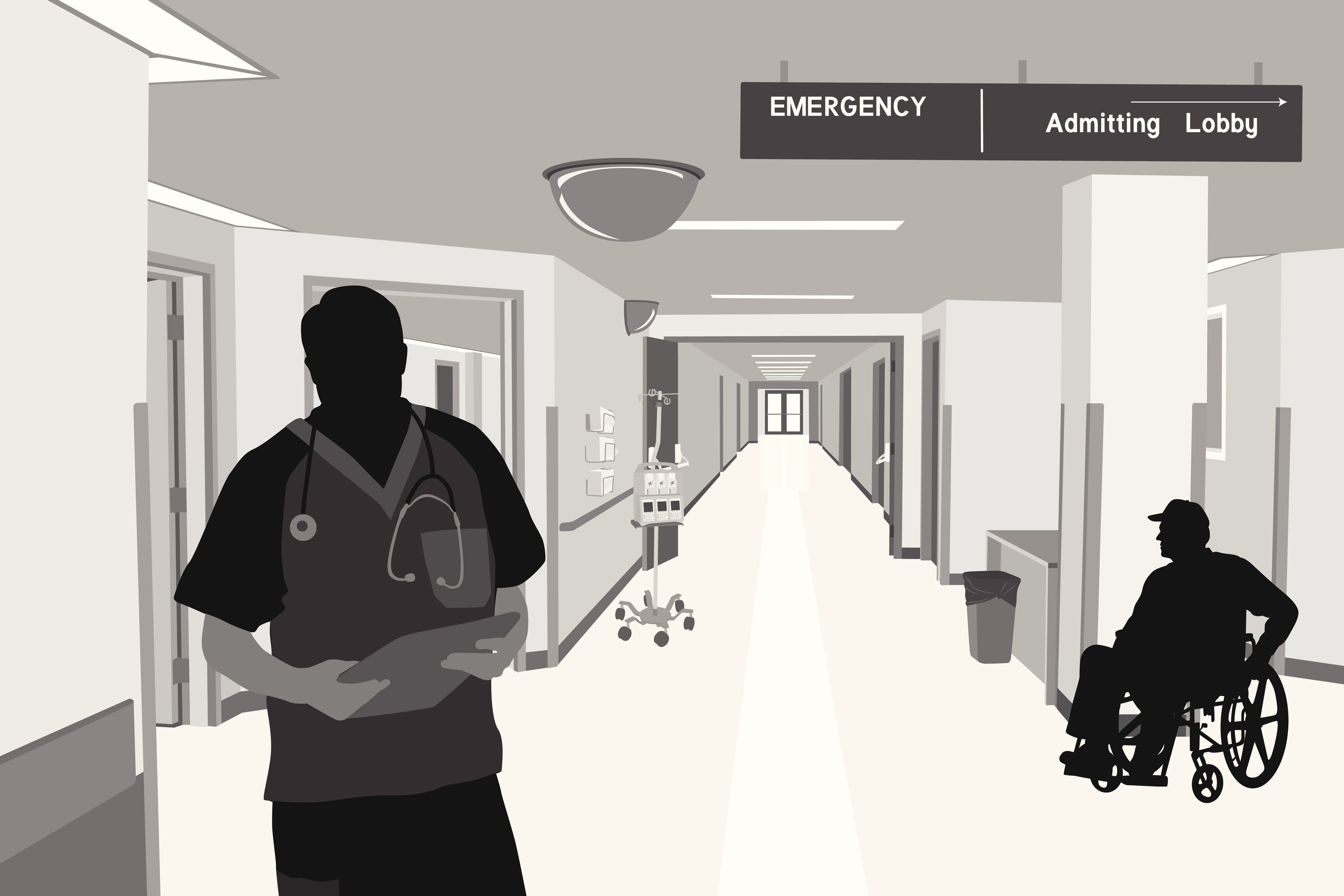 A vector illustration showing a hallway in a hospital. A silhouette of a medical worker holds his clipboard with a stethoscope draped across his neck. On the right is a patient in a wheelchair.