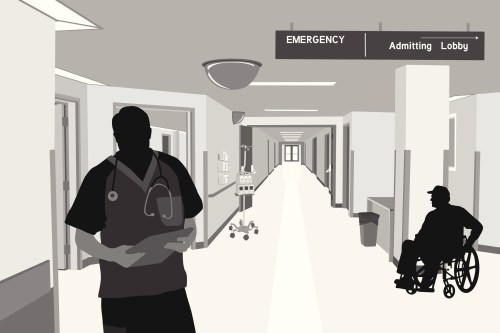 A vector illustration showing a hallway in a hospital. A silhouette of a medical worker holds his clipboard with a stethoscope draped across his neck. On the right is a patient in a wheelchair.