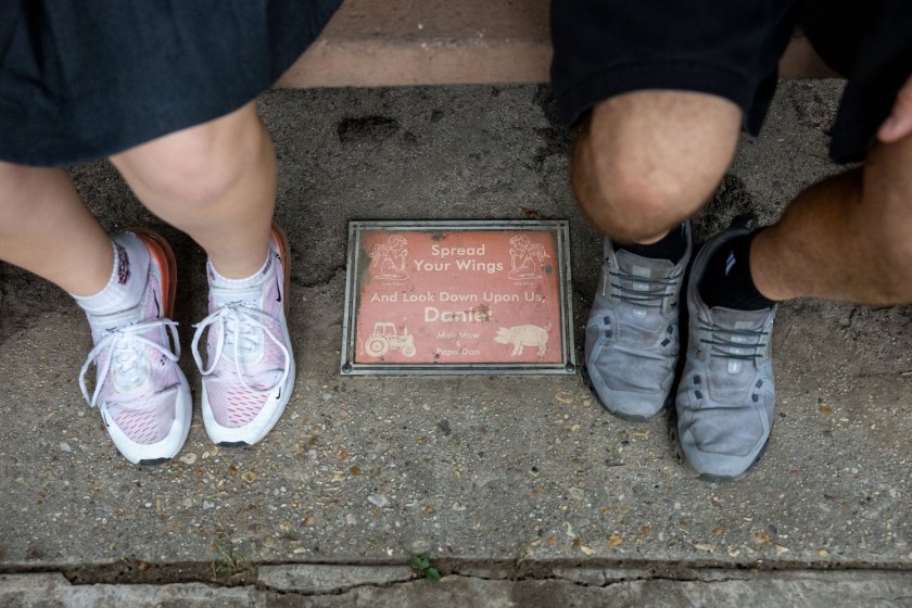 A view from above of a plaque in the ground just in front of a bench that reads