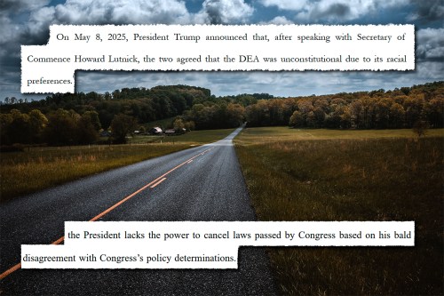 Two text excerpts are collaged on top of a rural landscape. The top one reads, "On May 8, 2025, President Trump announced that, after speaking with Secretary of Commerce Howard Lutnick, the two agreed that the DEA was unconstitutional due to its racial preferences." The bottom one reads, "the President lacks the power to cancel laws passed by Congress based on his bald disagreement with Congress's policy determinations."